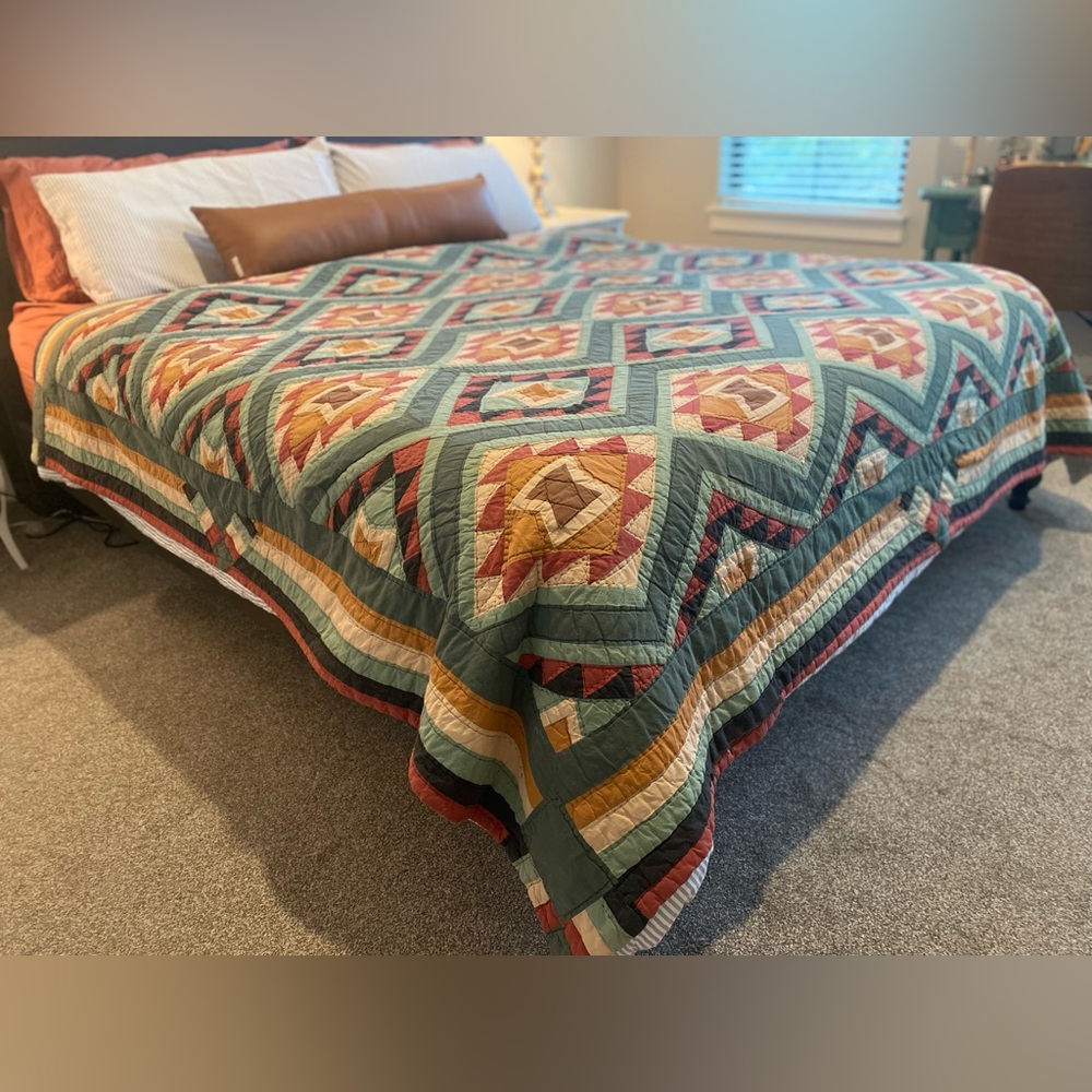 Geometric Patchwork Quilt Bedspread in Teal and Rust Western 85”/101” approx